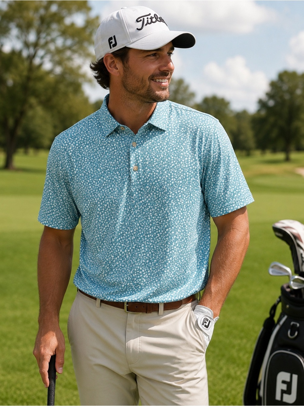 FootJoy Teal Micro Floral Print Men's Golf Polo